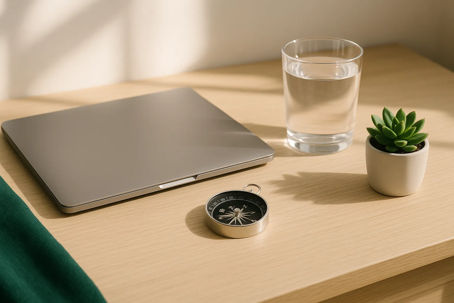 Fotografia editorial de uma mesa de trabalho organizada com um laptop fechado, uma bússola de navegação, um copo de água cristalina e uma pequena planta suculenta em vaso, iluminação suave da manhã, tons neutros com detalhe em verde-esmeralda