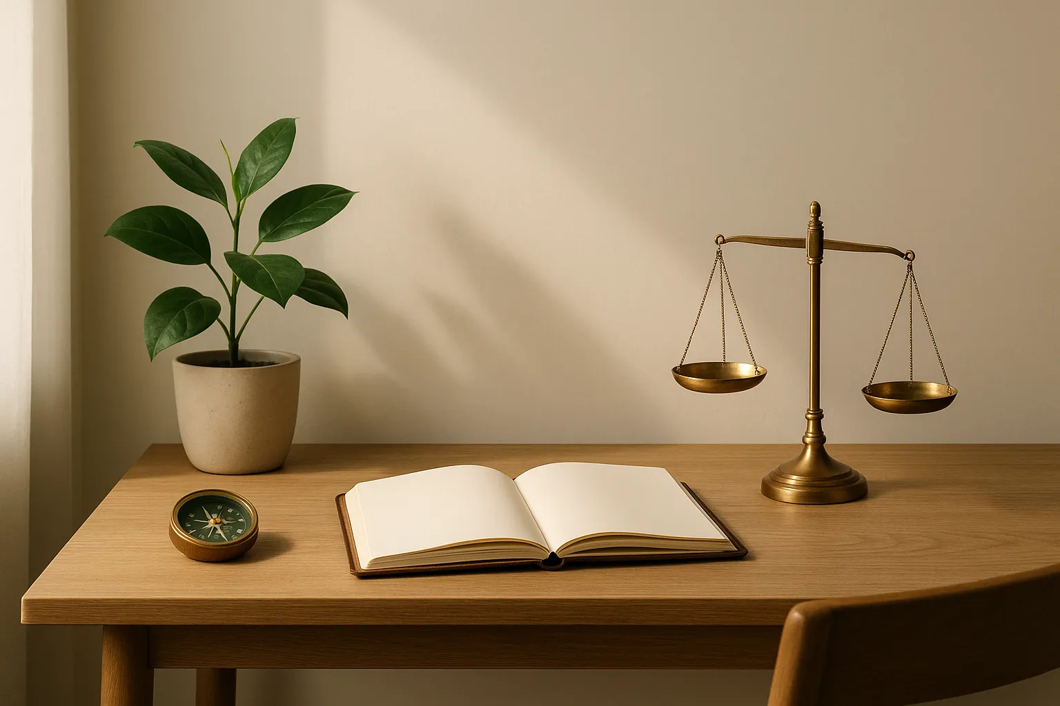 Mesa de trabalho com caderno aberto, bússola de latão e balança clássica em madeira, ao lado um vaso com planta verde, iluminação suave natural, tons neutros e detalhes em verde-esmeralda