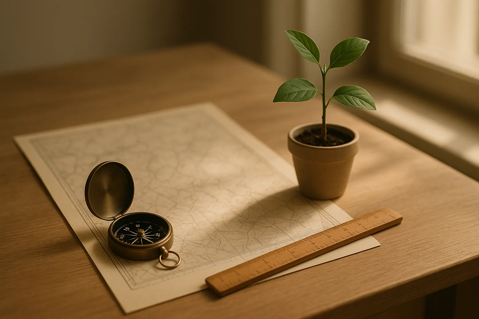 Mesa de trabalho com bússola apontando para o norte, régua de madeira, planta jovem em vaso de cerâmica com folhas verdes, e mapa navegacional iluminados por luz suave. Tons neutros com acento verde-esmeralda. Composição minimalista e profissional.