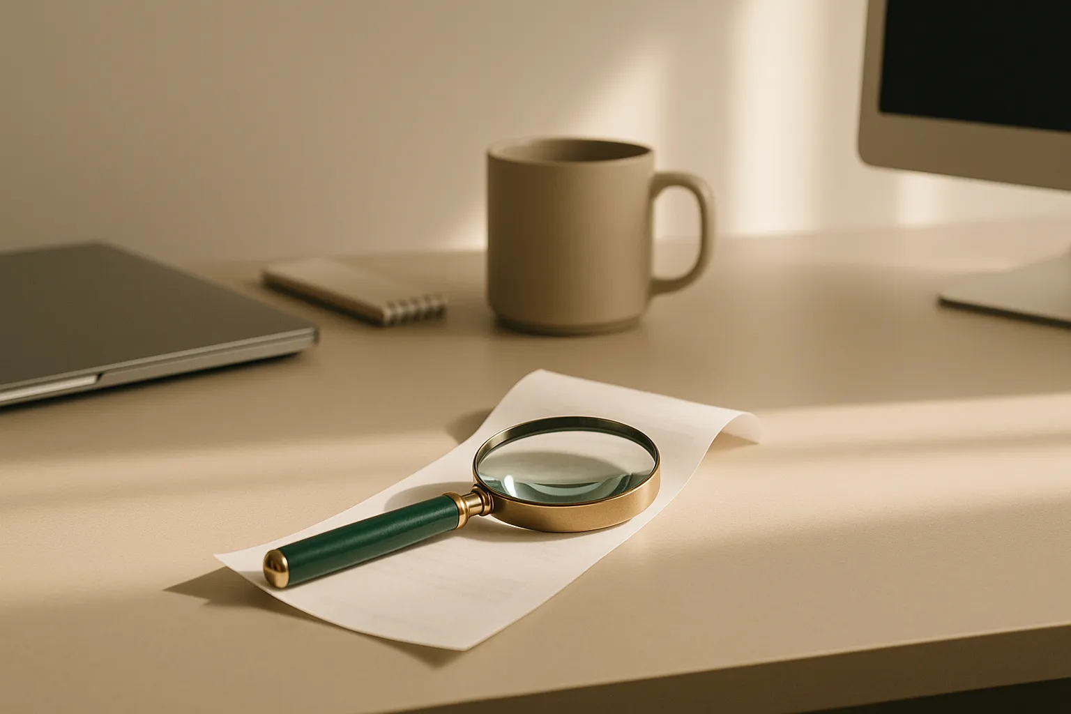 Fotografia editorial mostra uma lupa examinando um cupom sobre uma mesa de trabalho minimalista, com luz suave da manhã, tons neutros e detalhe em verde-esmeralda