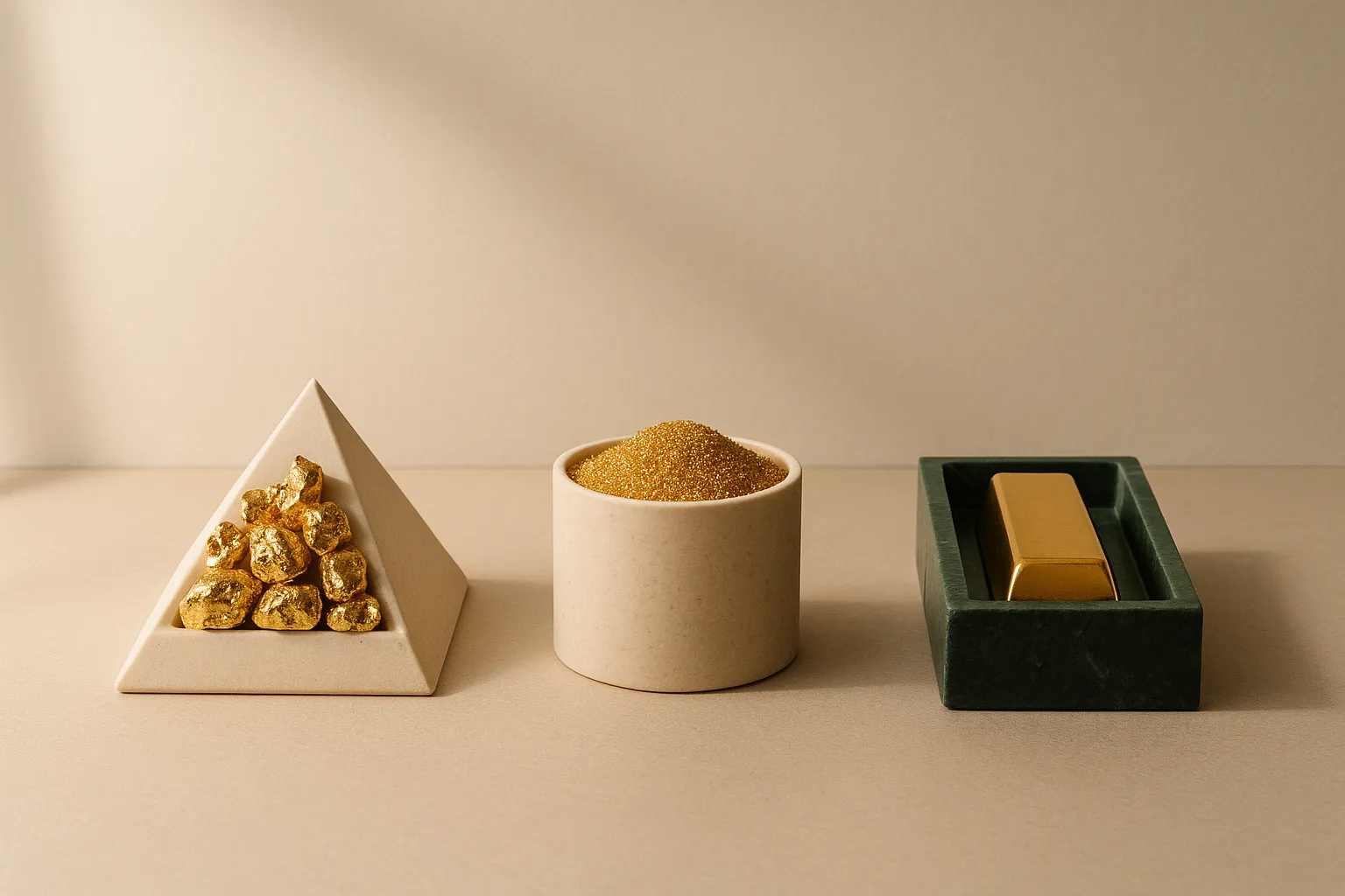Três recipientes ou formas geométricas diferentes lado a lado, cada um com um material ou tom dourado distinto, em superfície neutra com luz suave, representando comparação entre opções de investimento
