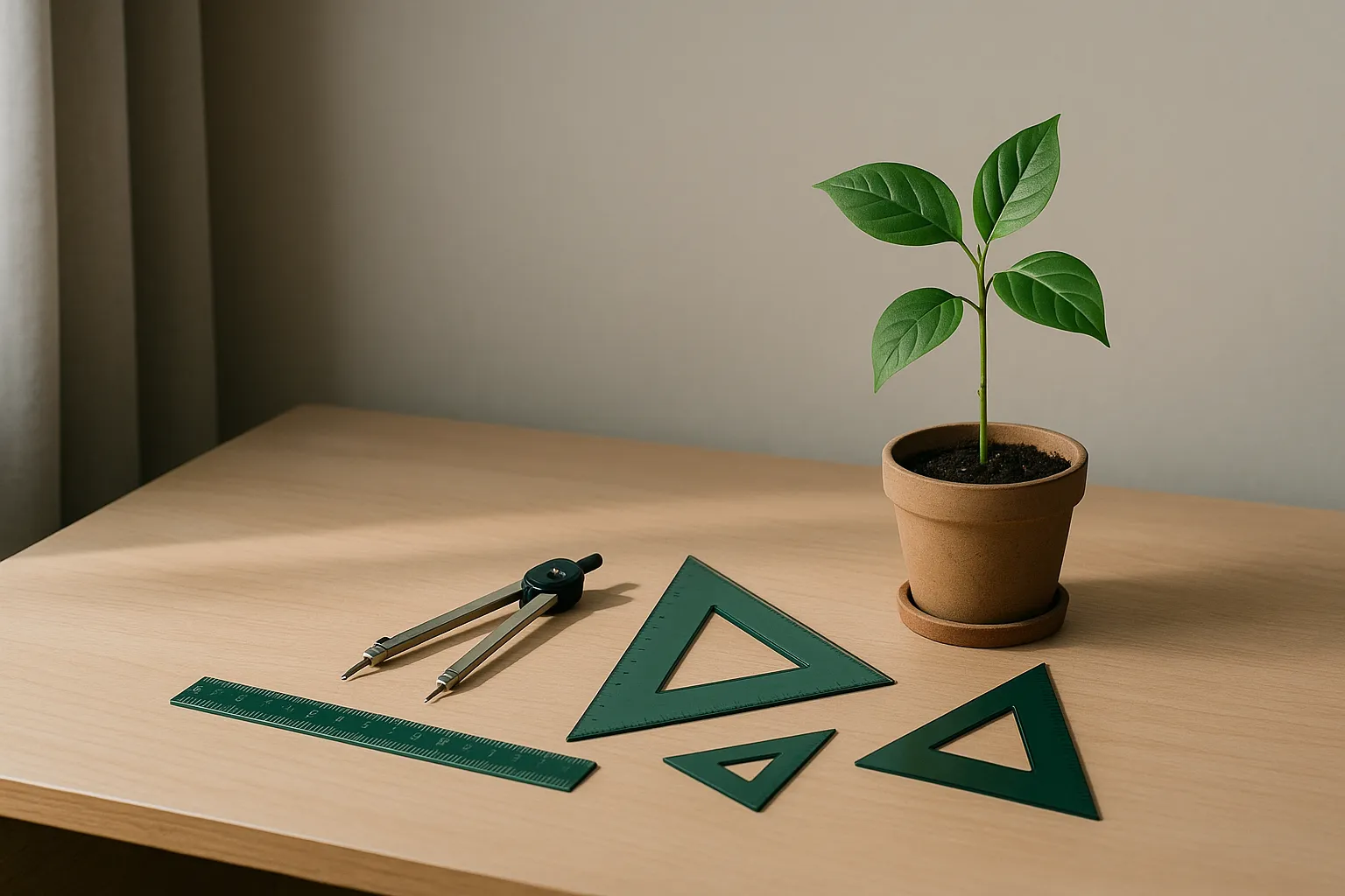 Cena editorial em tons neutros: mesa de trabalho com régua, bússola e esquadro em madeira clara, ao lado de um vaso com planta jovem brotando folhas verde-esmeralda. Luz suave da manhã incidindo lateralmente, composição limpa e profissional