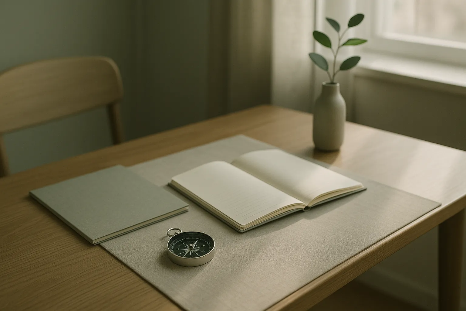 Fotografia editorial de uma mesa de trabalho minimalista com bússola em primeiro plano, documentos e um caderno aberto, iluminação suave da manhã, tons neutros com acentos em verde-esmeralda, transmitindo orientação e medição no contexto econômico