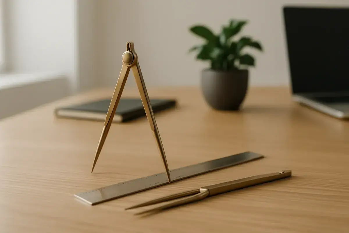 Mesa de trabalho organizada com régua e esquadro em latão sobre superfície de madeira, iluminação suave da manhã, pequena planta em vaso verde-esmeralda, atmosfera profissional e minimalista