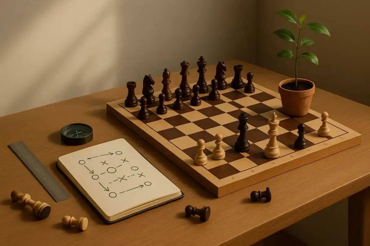 Mesa de madeira com tabuleiro de xadrez em jogo, bússola, caderno com diagramas, régua de medição e pequena planta em vaso ao lado, iluminação natural suave, tons neutros com detalhe em verde-esmeralda