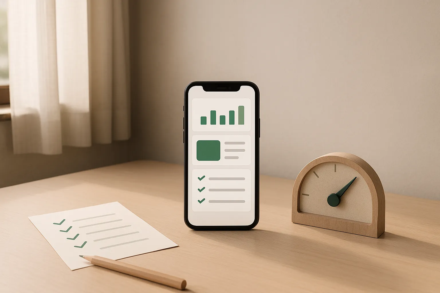 Mesa limpa com smartphone mostrando um painel de controle, lista de verificação em papel com marcações, e um medidor de progresso com tons neutros e verde-esmeralda, iluminação suave de manhã