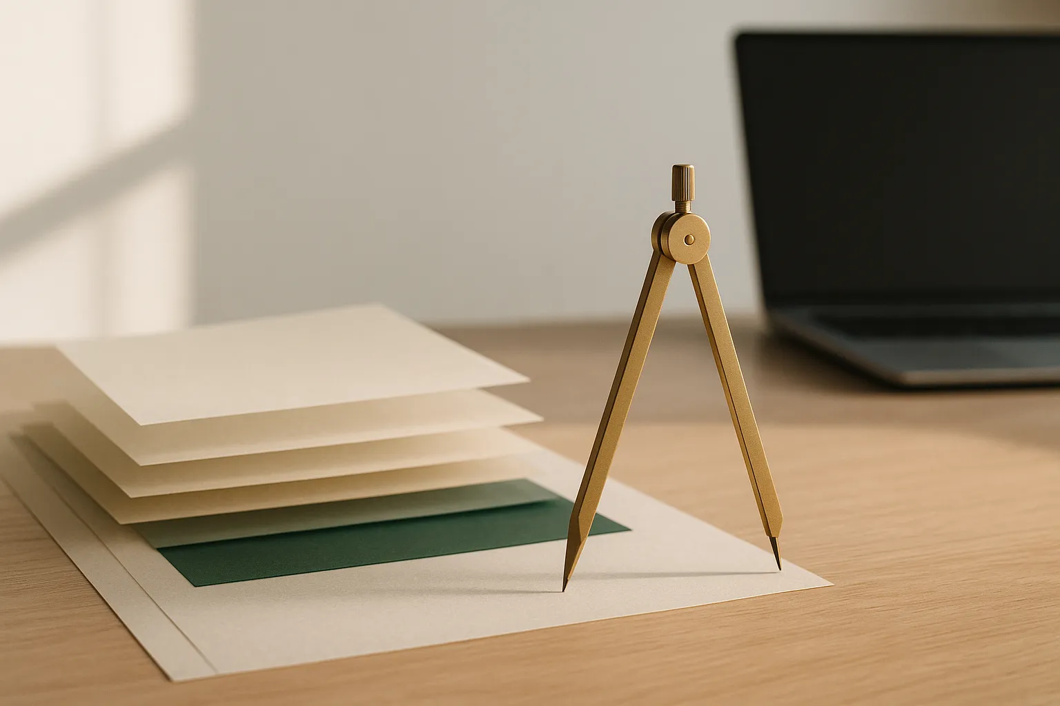 Fotografia editorial de uma mesa de trabalho minimalista com uma bússola de latão geométrica em primeiro plano e folhas de papel translúcido em tons neutros e verde-esmeralda sobrepostas, sugerindo progressão e composição ao longo do tempo, iluminação suave da manhã
