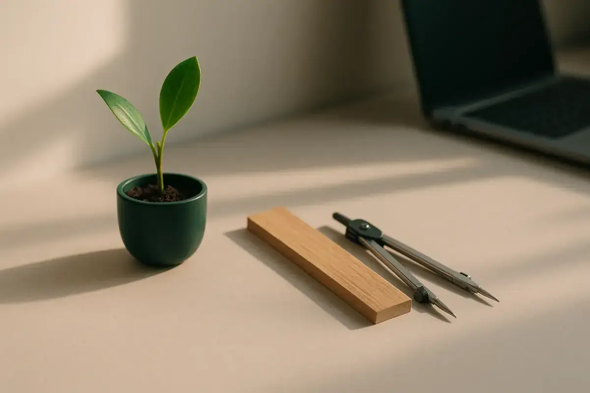 Fotografia editorial mostrando uma régua de madeira, uma bússola e um vaso pequeno com planta verde brotando em uma superfície neutra clara, com luz suave lateral e acentos em verde-esmeralda, composição minimalista e profissional