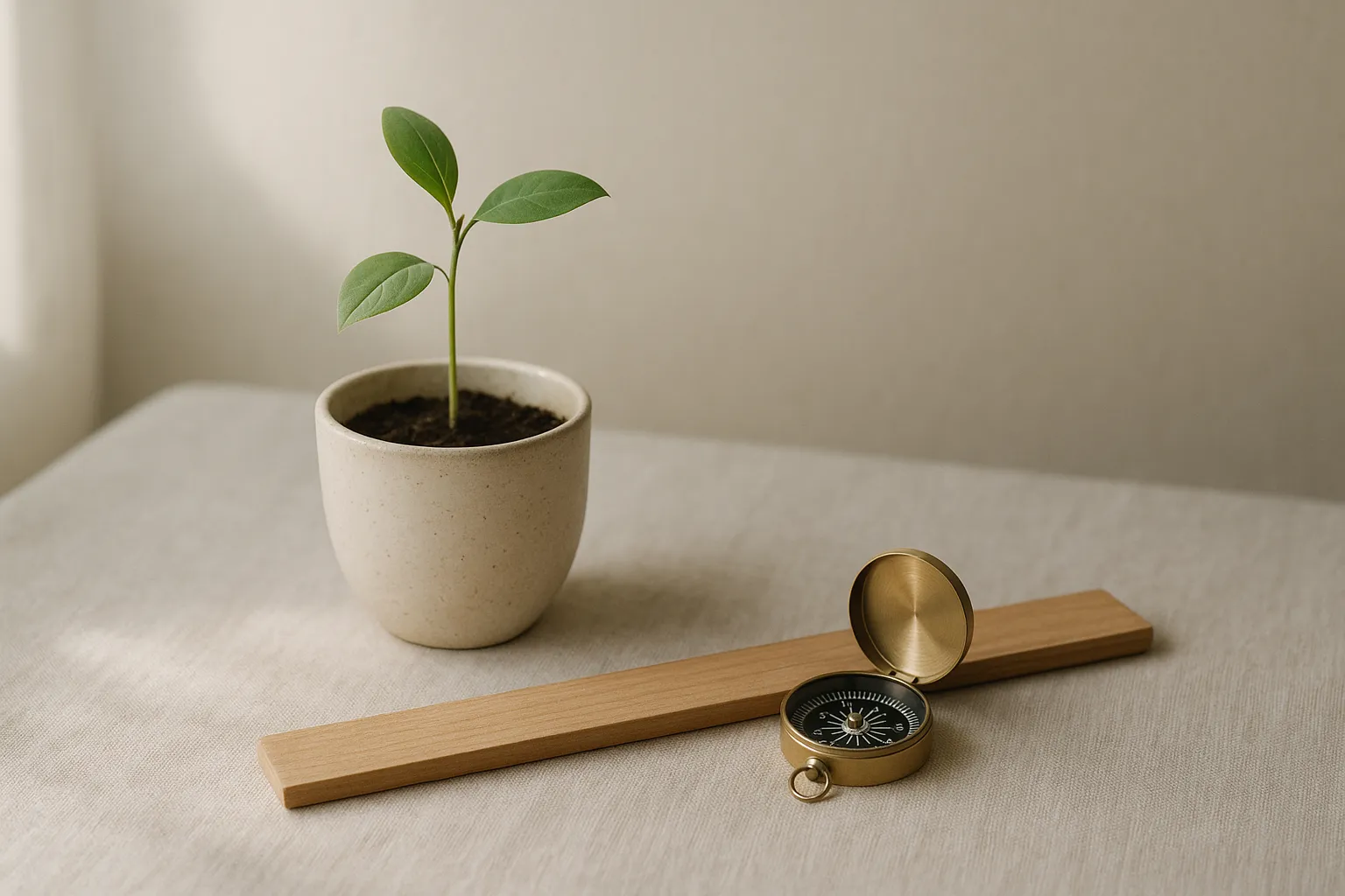 Composição minimalista com régua de madeira, bússola e pequeno broto em vaso de cerâmica sobre superfície neutra, iluminação suave de manhã, tons beges e verdes suaves