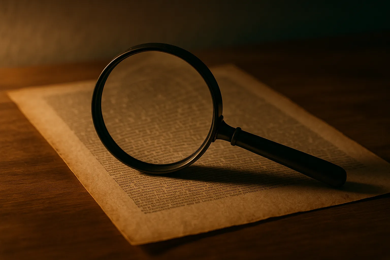 Lupa sobre papel envelhecido com texto miúdo, sob luz suave em mesa de madeira, transmitindo análise detalhada e complexidade oculta